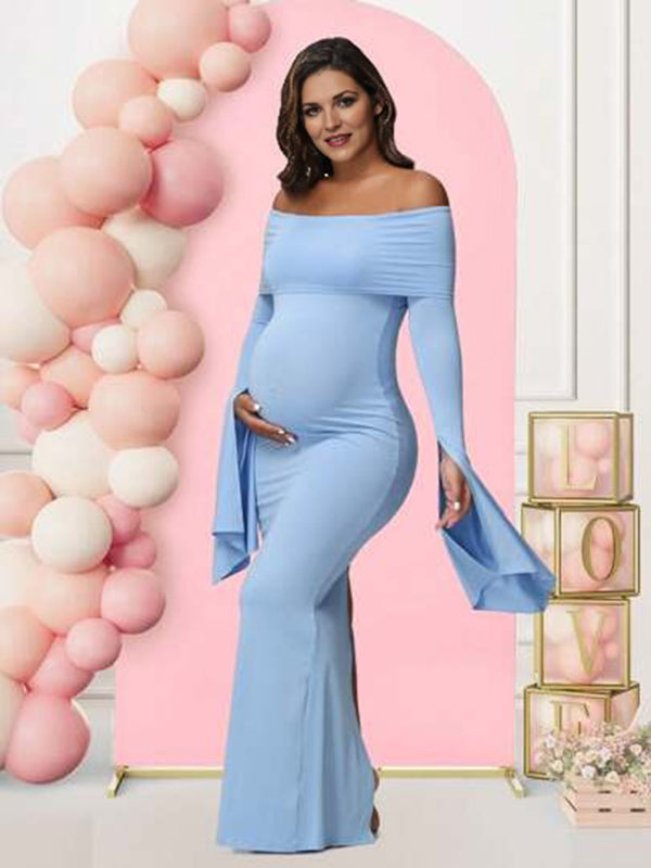 Mumsmode Zwangerschaps Maxi Babyshower Jurk Elegant Chique Off Shoulder Bodycon Zijsplit Gesplitste Mouwen