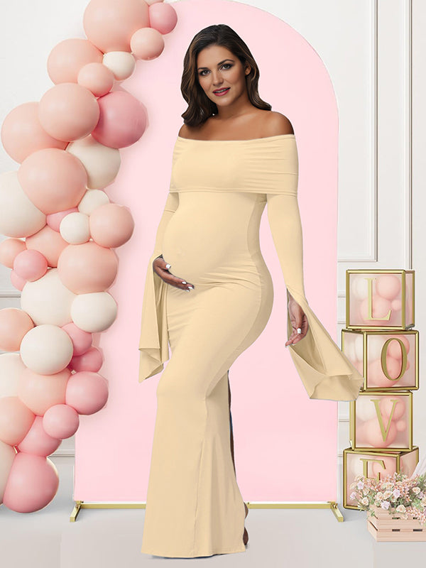 Mumsmode Zwangerschaps Maxi Babyshower Jurk Elegant Chique Off Shoulder Bodycon Zijsplit Gesplitste Mouwen