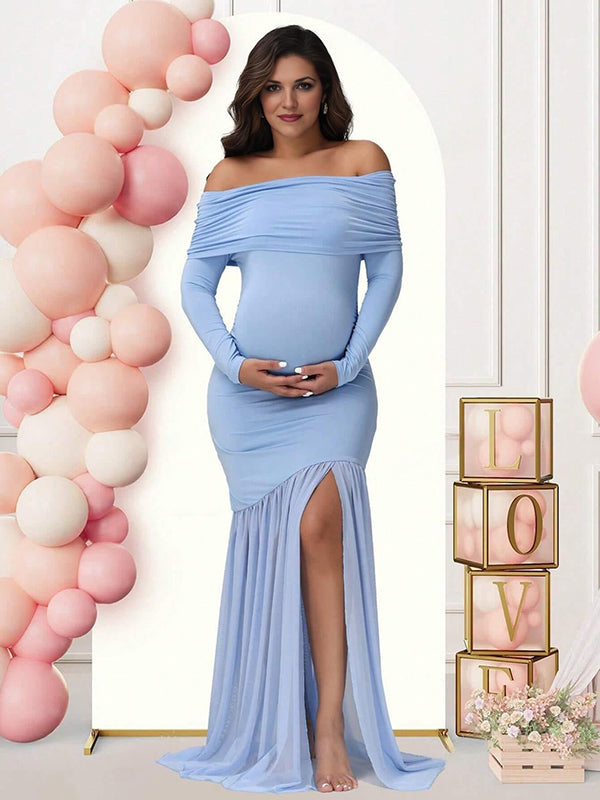 Mumsmode Zwangerschaps Maxi Babyshower Jurk Elegant Chique Off Shoulder Zijsplit Zeemeermin Patchwork