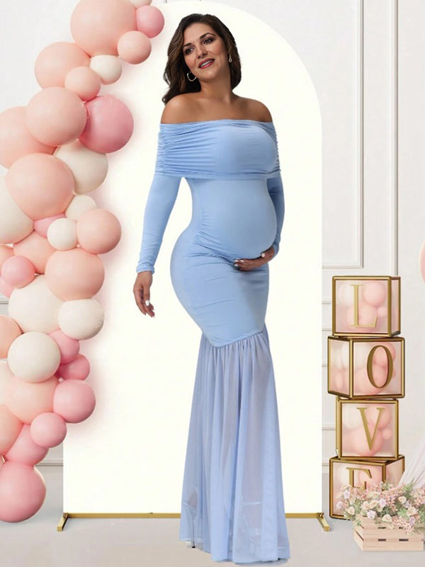 Mumsmode Zwangerschaps Maxi Babyshower Jurk Elegant Chique Off Shoulder Zijsplit Zeemeermin Patchwork