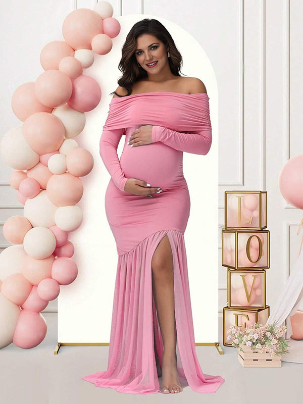 Mumsmode Zwangerschaps Maxi Babyshower Jurk Elegant Chique Off Shoulder Zijsplit Zeemeermin Patchwork