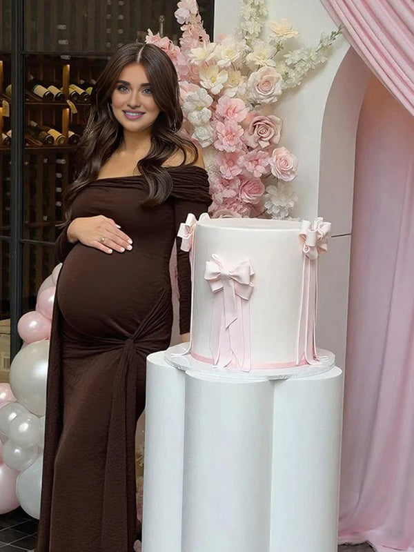 Mumsmode Zwangerschaps Maxi Bodycon Jurk Ceremonie Off Shoulder Knooppunt Onregelmatig lintje