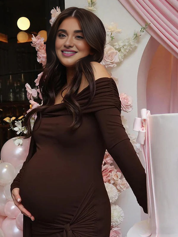 Mumsmode Zwangerschaps Maxi Bodycon Jurk Ceremonie Off Shoulder Knooppunt Onregelmatig lintje