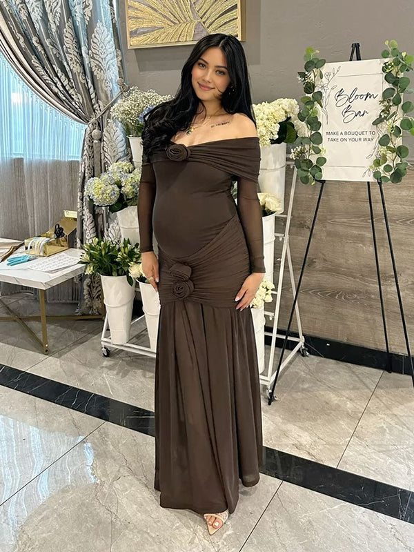 Mumsmode Zwangerschaps Maxi Bodycon Jurk Ceremonie 3D Bloemen Off Shoulder Gekreukt Zeemeermin