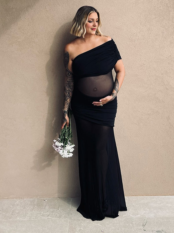 Mumsmode Zwangerschaps Maxi Fotoshoot Jurk Chique Tule Transparant Een Open Schouder Gedrapeerd