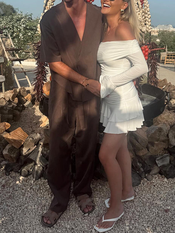 Mumsmode Zwangerschaps Mini Daily Jurk Vakantie Ruches Off Shoulder Trapeze Gekreukt Flare Mouw