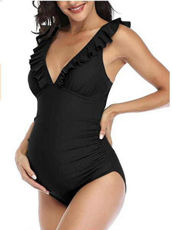 Zwemkleding Zwangerschaps Ruches Bodycon Rugloos Zwart