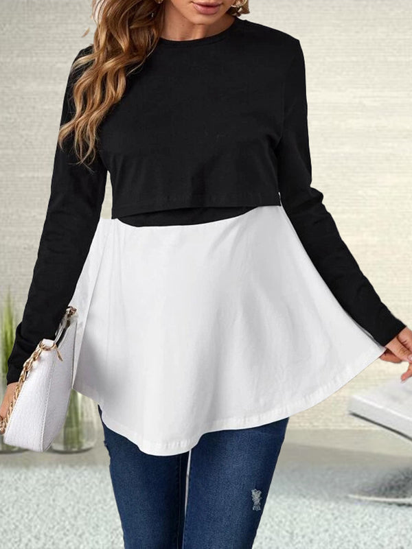 Mumsmode Zwangerschaps Borstvoedingshirts Dagelijks Patchwork Ruches Contrasterende Kleuren