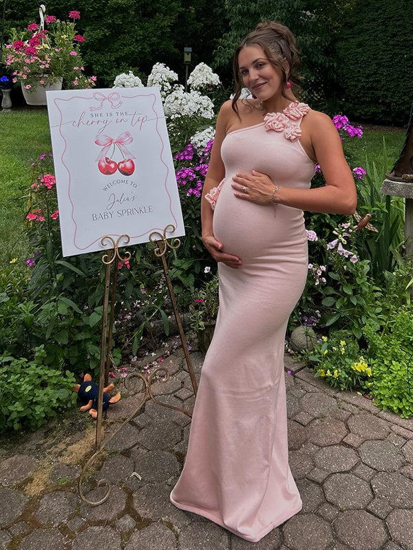 Mumsmode Zwangerchaps Maxi BabyShower Jurk Elegant Een Open Schouder Appliques Breien Roze