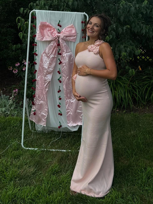 Mumsmode Zwangerchaps Maxi BabyShower Jurk Elegant Een Open Schouder Appliques Breien Roze