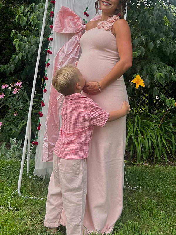 Mumsmode Zwangerchaps Maxi BabyShower Jurk Elegant Een Open Schouder Appliques Breien Roze
