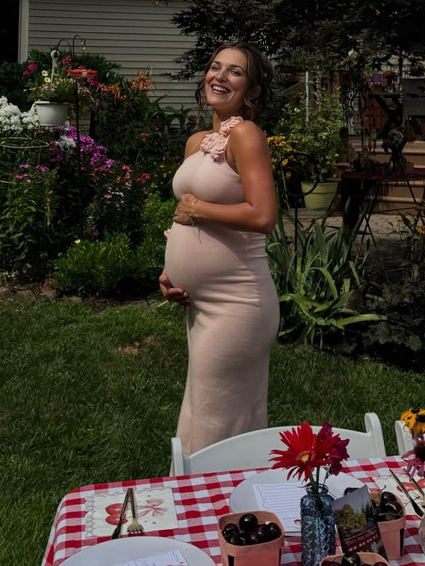 Mumsmode Zwangerchaps Maxi BabyShower Jurk Elegant Een Open Schouder Appliques Breien Roze