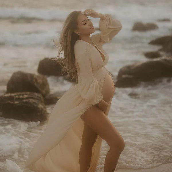 Mumsmode Zwangerschaps Fotoshoot Jurken Boheems Elegant Enkele Borst Zijsplit Gekreukt Maxi Jurken