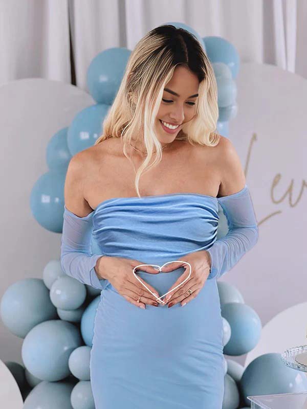 Mumsmode Zwangerchaps Maxi jurk Off Shoulder Gekreukt Boot Nek Cocktail  Babyshower Blauw