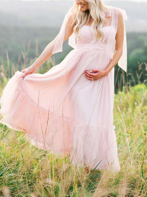 Mumsmode Zwangerchaps Cocktailjurken Elegante Fotoshoot Tule Stippenprint Spaghetti Maxi Jurken