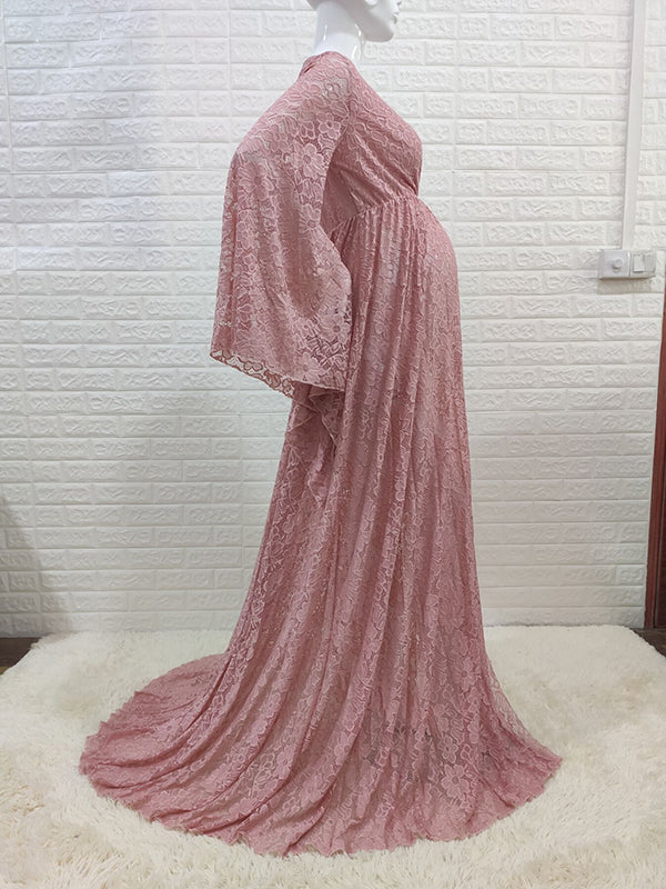 Mumsmode Zwangerchaps Maxi Fotoshoot Jurken Elegant Boheems Kanten Zijsplit Flare Mouw