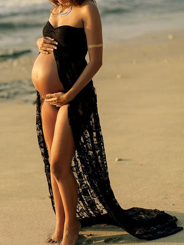 Mumsmode Zwangerchaps Maxi Fotoshoot Jurken Kanten Bandeau Off Shoulder Zijsplit Elegant