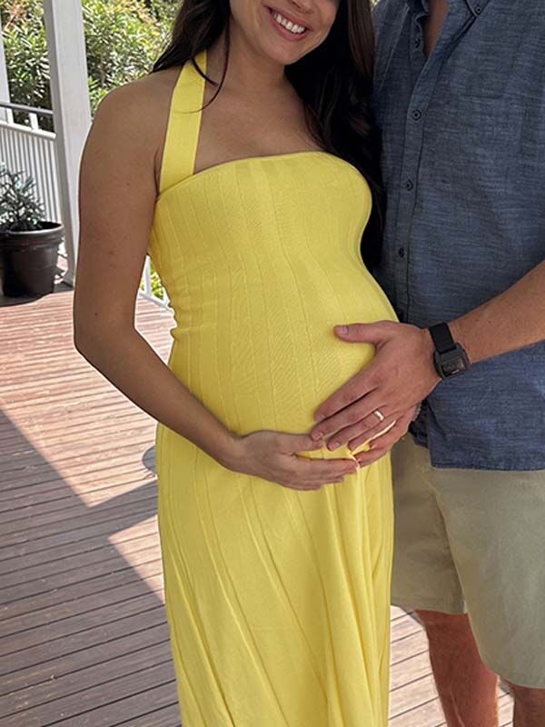 Mumsmode Zwangerschaps Maxi Jurk Babyshower Cocktail Halternek Rugloos Geplooid Geel