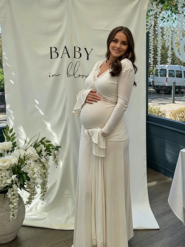 Mumsmode Maxi Babyshower Zwangerschapsjurk Kant Ruches Flare Mouwen Elegante Jurk Fotoshoot Gender Reveal