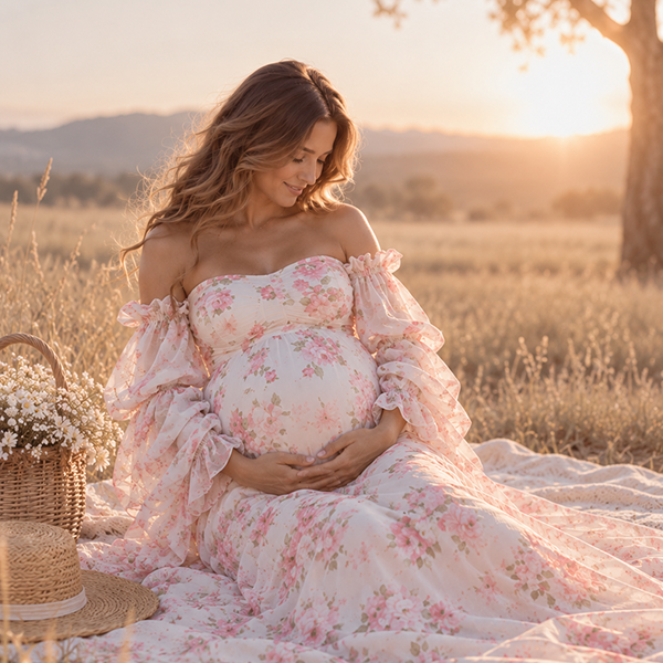 Roze Bloemen Off-Shoulder Grote Zwangerschaps Fotoshoot Maxi Jurk