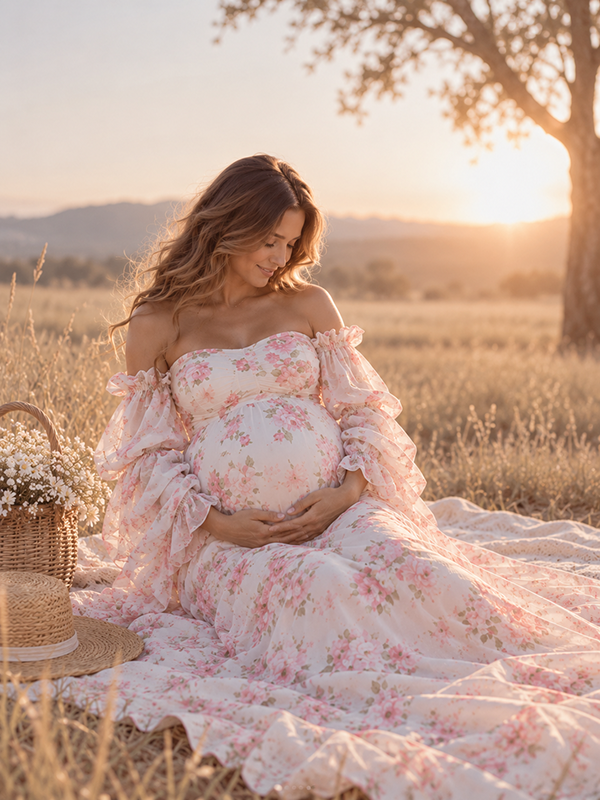 Roze Bloemen Off-Shoulder Grote Zwangerschaps Fotoshoot Maxi Jurk