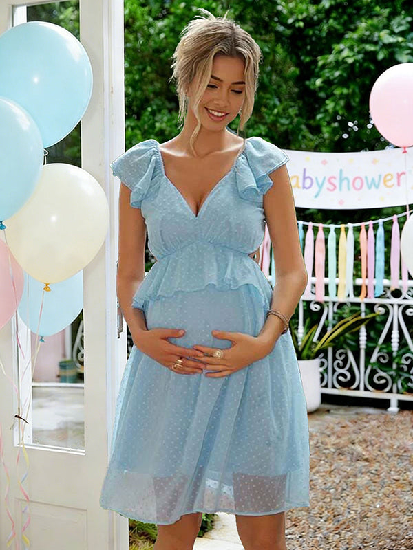 Mumsmode Zwangerchaps Korte BabyShower Jurk Elegant Stippenprint Ruches Rugloos V-hals Blauw