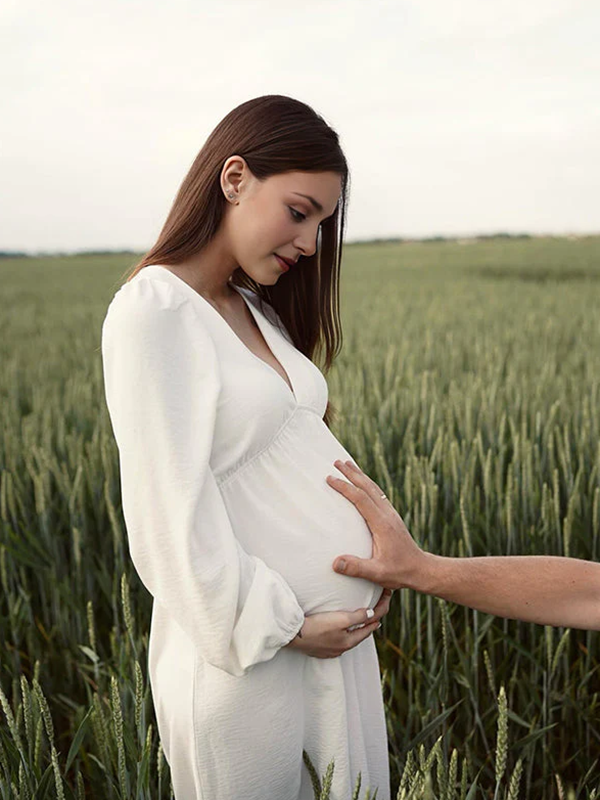 Mumsmode Zwangerchaps Midi Fotoshoot Jurken Elegant V-hals Lange Mouw Wit