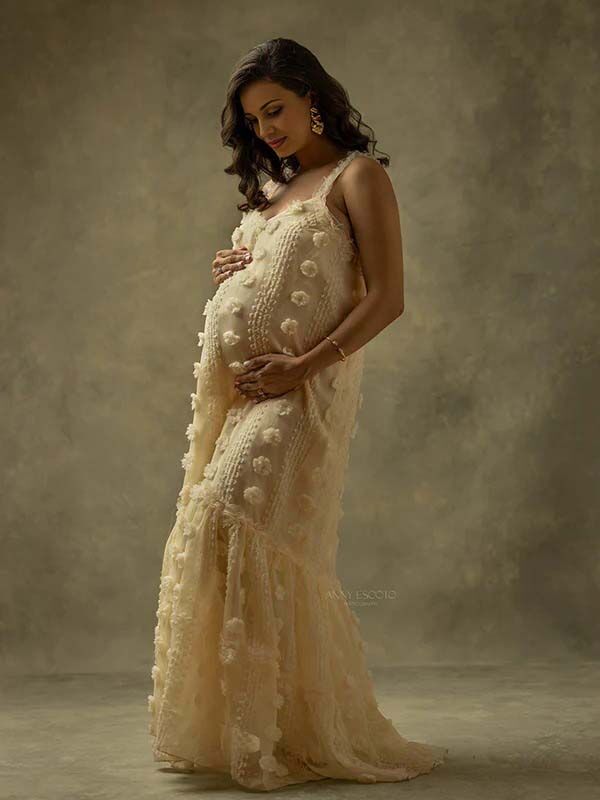 Mumsmode Zwangerchaps Maxi Fotoshoot Jurken Elegant Appliques Gekreukt Halternek Beige