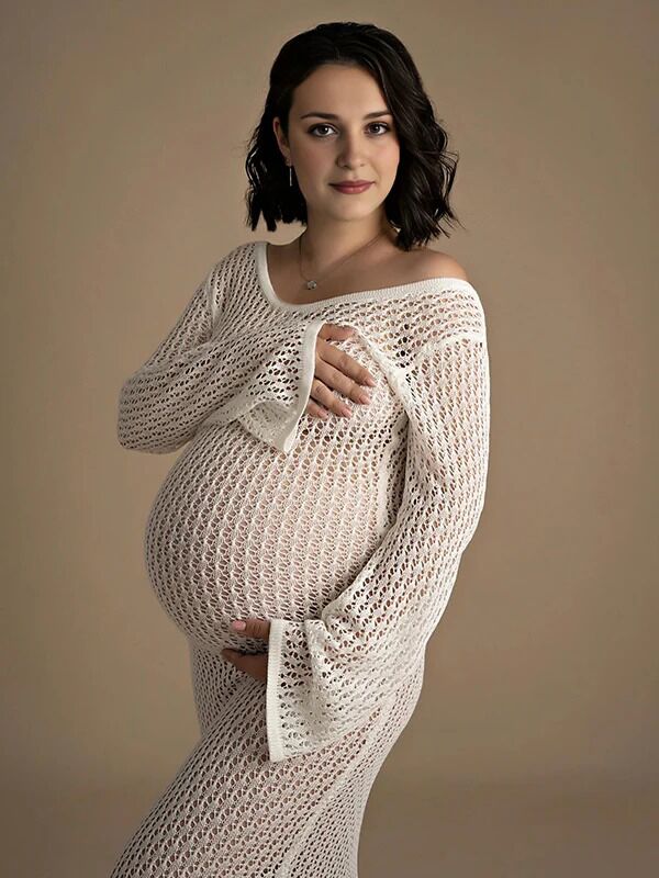 Mumsmode Zwangerchaps Midi Fotoshoot Jurken Breien Ronde Hals Wit