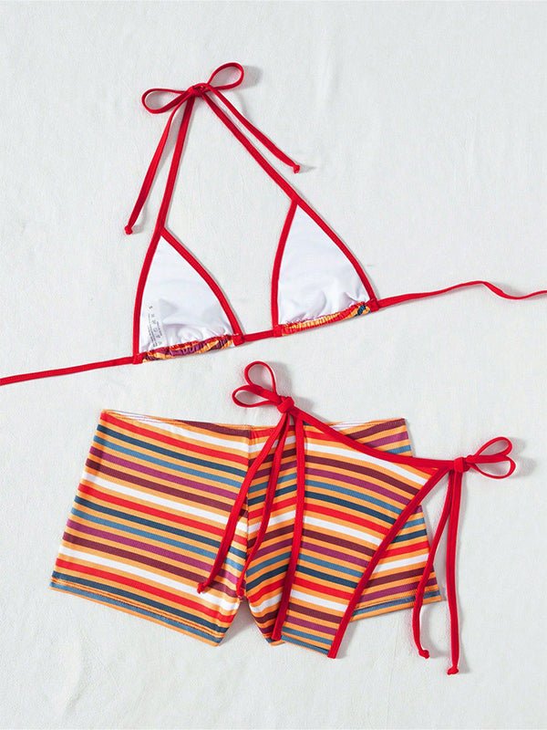 Regenboog Gestreepte Zwangerschaps Bikini Set 3-delig Met Striksluiting Boyshorts