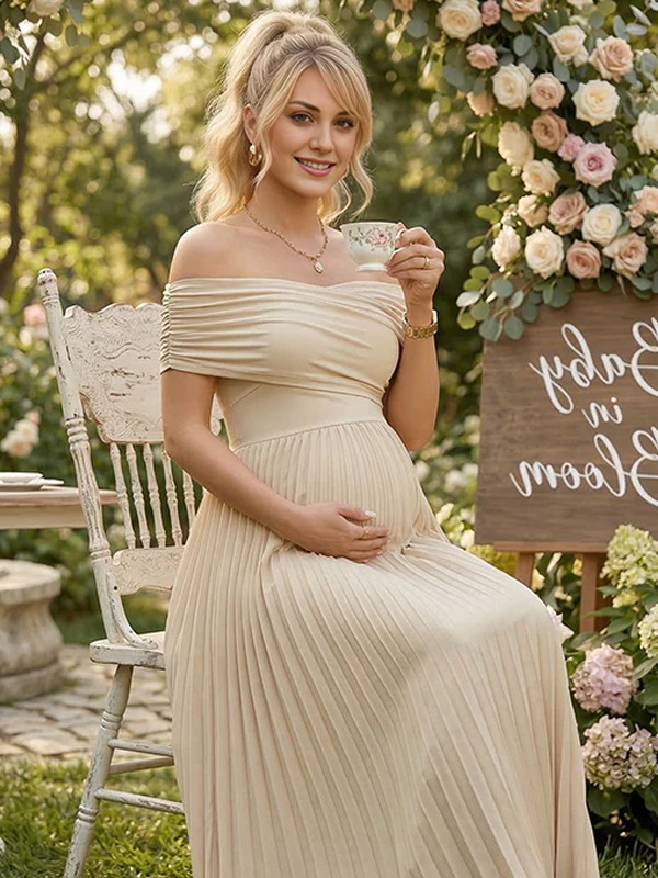 Zwangerschaps Maxi Jurk Off-Shoulder Geplooid Gekruiste Buste Zwierige Rok