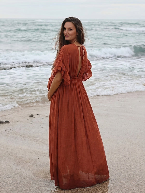 Mumsmode Boho Zwangerschaps Maxi Jurk Ruches Koorddetail Houten Knoopjes Rugloos