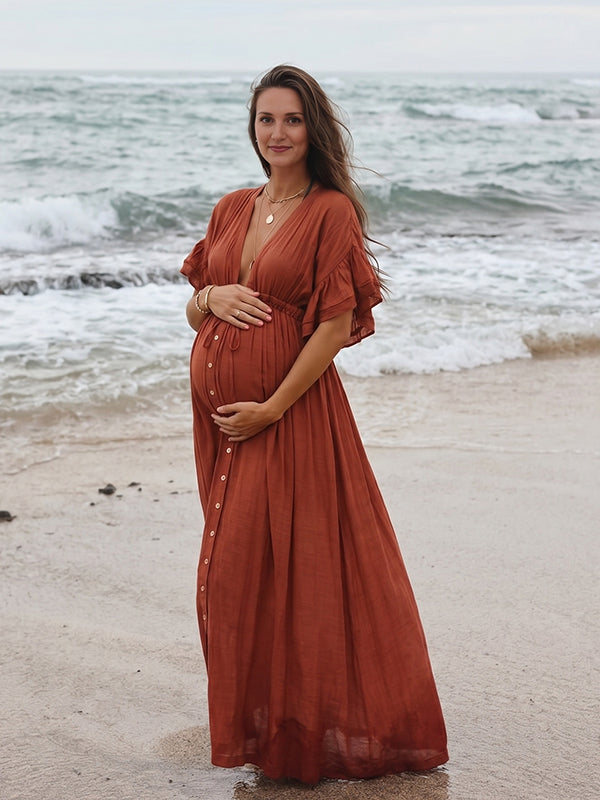 Mumsmode Boho Zwangerschaps Maxi Jurk Ruches Koorddetail Houten Knoopjes Rugloos