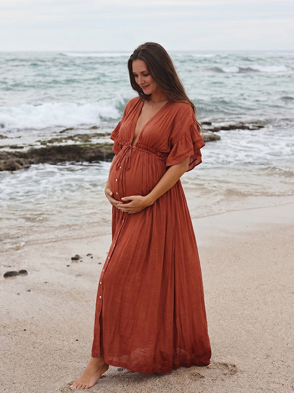 Mumsmode Boho Zwangerschaps Maxi Jurk Ruches Koorddetail Houten Knoopjes Rugloos