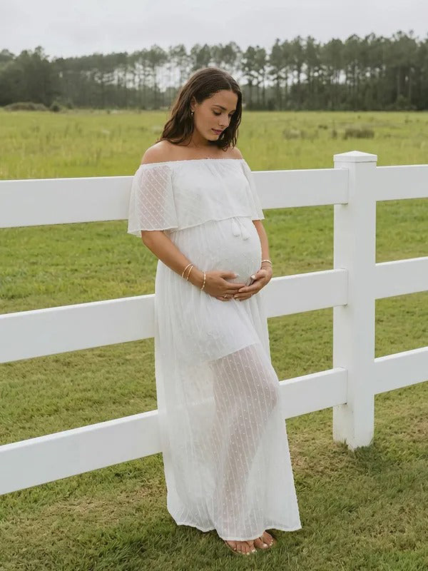 Zwangerschaps Maxi Jurk Stippenprint Gestreept Zijsplit Koord Off Shoulder