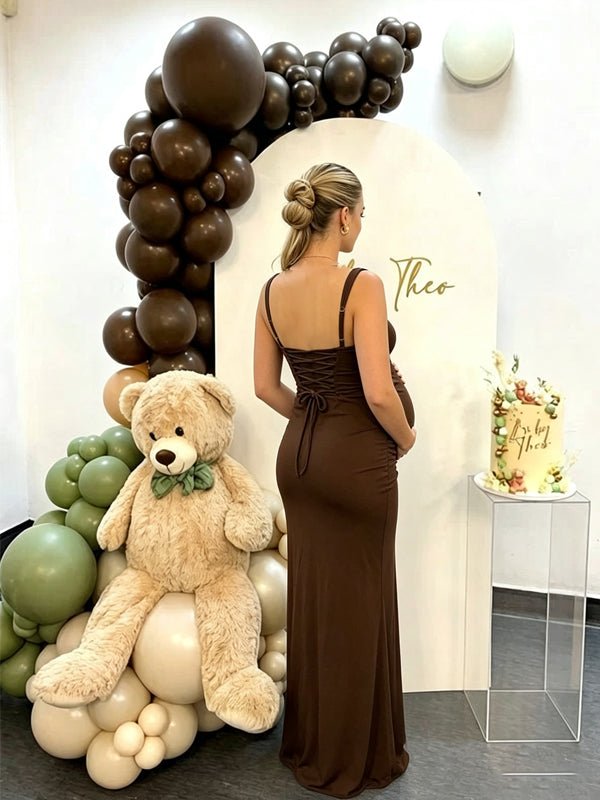 Bruine Geplooid Bovenlijf Vetersluiting Rug Bodycon Zwangerschaps Maxi Jurk