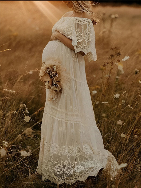 Mumsmode Zwangerschaps Zoete Fotoshoot  Maxi Jurk Boheemse Off Shoulder Veter Ruches