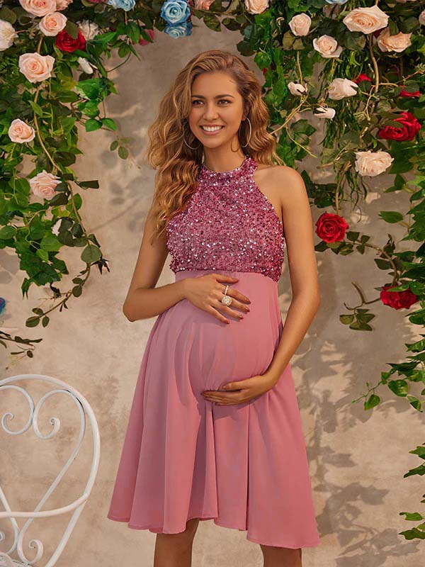 Mumsmode Zwangerchaps Korte Cocktail Jurk Elegant Pailletten Rugloos Halternek Roze