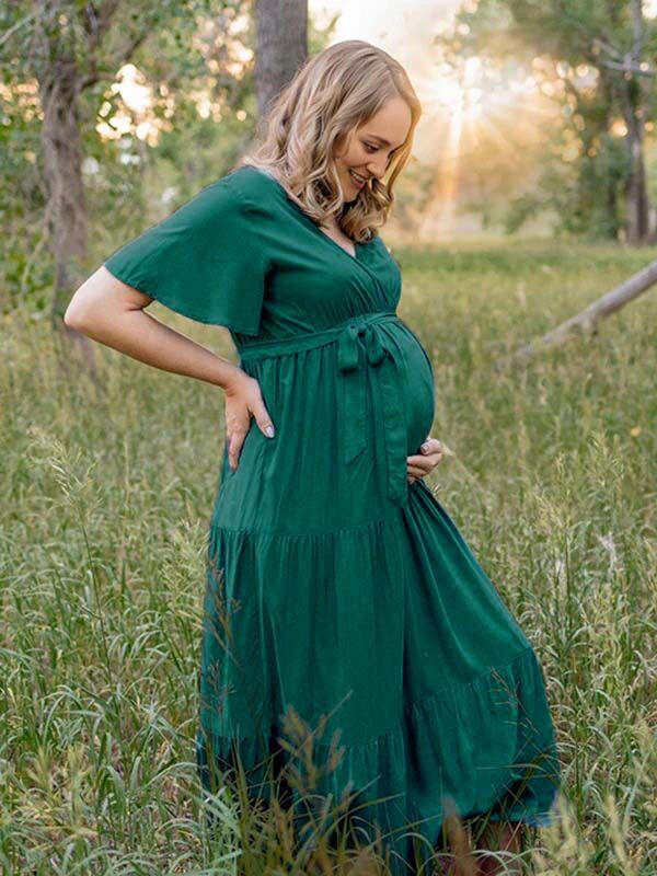 Mumsmode Zwangerchaps Maxi Fotoshoot Jurk Elegant Riem Gekreukt V-hals Korte Mouw Donkergroen