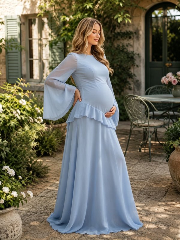 Elegante Chiffon Zwangerschaps Maxi Jurk Ruffles Uitlopende Mouwen