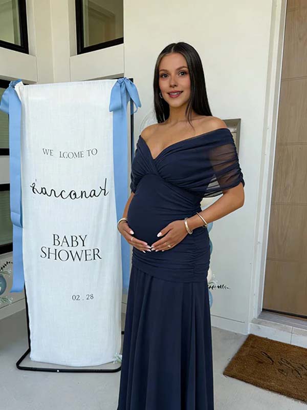 Mumsmode Elegant Tule Gekreukt Off Shoulder Vloeiend Babyshower Zwangerschaps Maxi Jurk