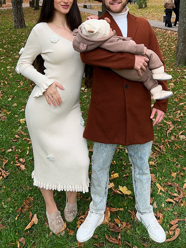 Mumsmode Zwangerschaps Maxi Gebreide Jurk Daily 3D Bloemen Ruches Bodycon