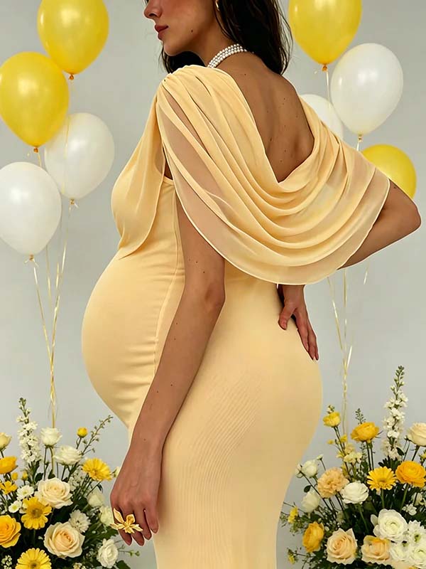 Mumsmode Chique Bodycon Tule Gekreukt Rugloos Gedrapeerde Kraag Babyshower Zwangerschaps Maxi Jurk