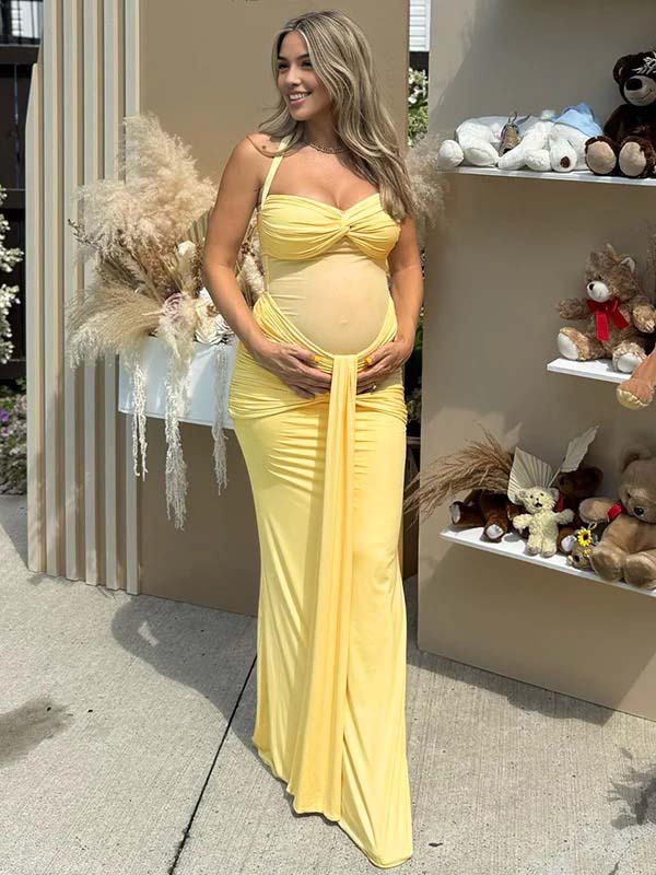 Mumsmode Zwangerschaps Maxi Jurk Mesh Geplooid Gedrapeerd Halterhals Rugloos Babyshower