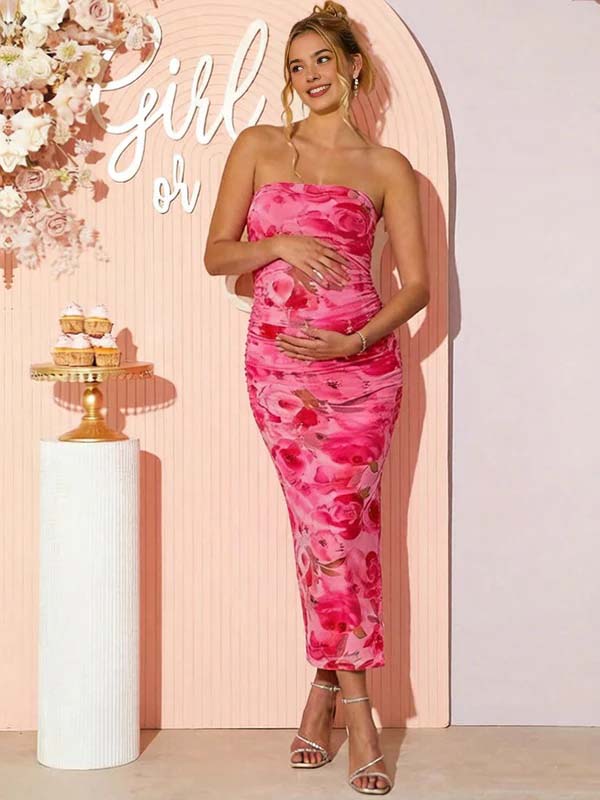 Mumsmode Chique Roze Bloemenprint Bandeau Bodycon Zijsplit Babyshower Zwangerschaps Maxi Jurk