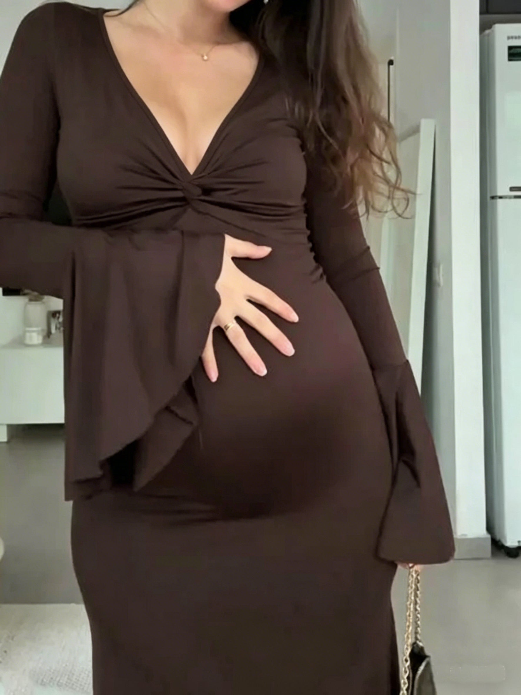 Mumsmode Zwangerschaps Maxi Jurk Babyshower Ceremonie Bodycon Ruches Zeemeermin Knoop