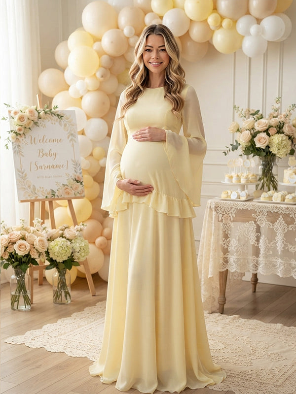 Elegante Chiffon Zwangerschaps Maxi Jurk Ruffles Uitlopende Mouwen
