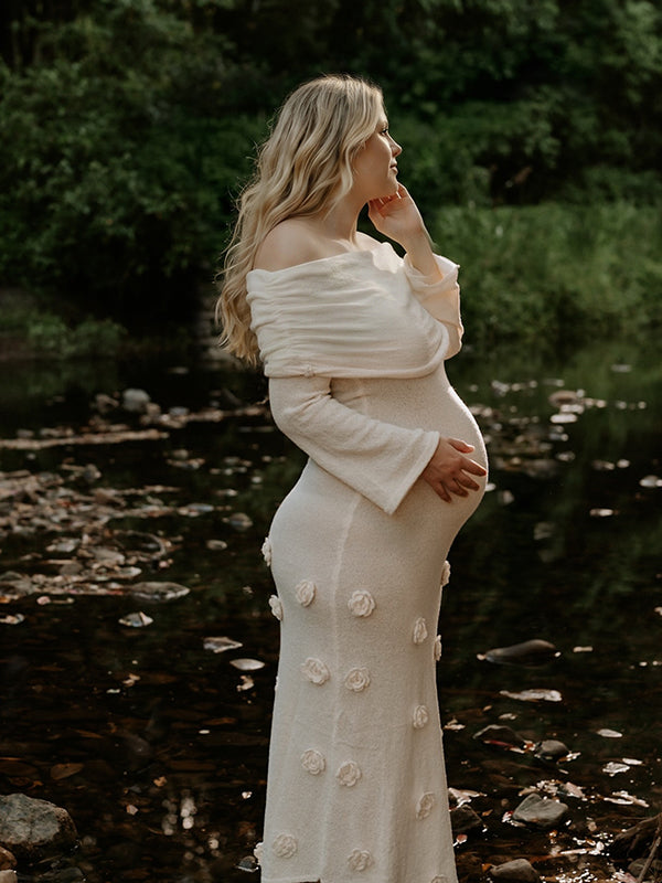 Mumsmode Zwangerchaps Maxi Fotoshoot Jurken Appliques Boot Nek Flare Mouw Wit