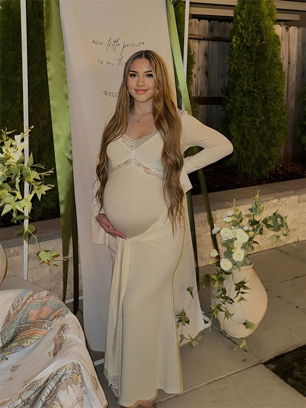 Mumsmode Maxi Babyshower Zwangerschapsjurk Kant Ruches Flare Mouwen Elegante Jurk Fotoshoot Gender Reveal