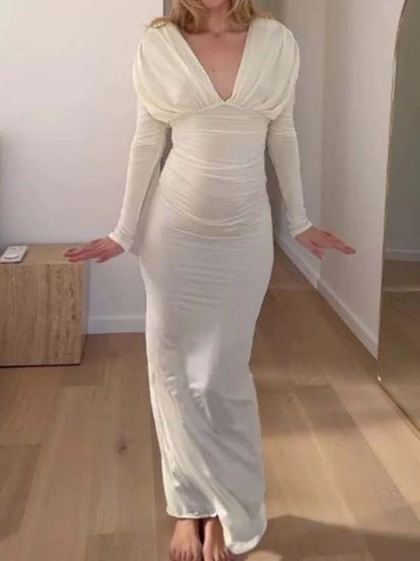 Mumsmode Babyshower Bruiloft Gast Maxi Zwangerschapsjurk Bodycon Chique Gekreukt Diepe Halslijn